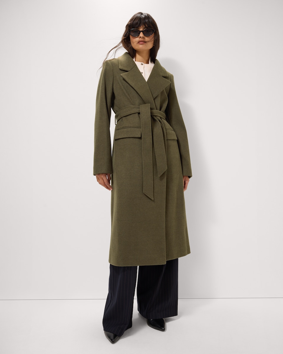 image 1 of F&F Textured Formal Belted Coat in Khaki