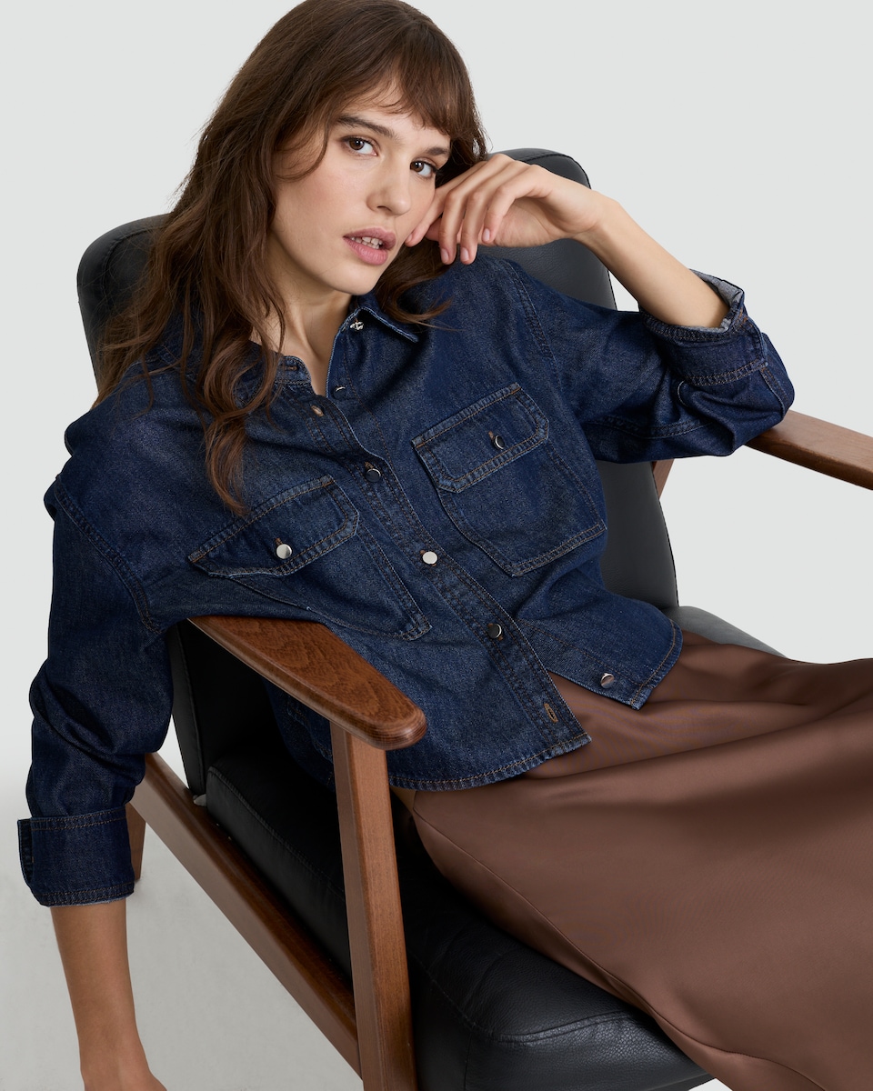 image 1 of F&F Cotton Rich Denim Button Up Co-ord Shirt with Lyocell in Navy