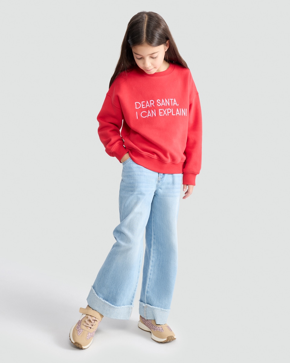 image 1 of F&F Girls Cotton Rich Dear Santa Slogan Sweatshirt in Red