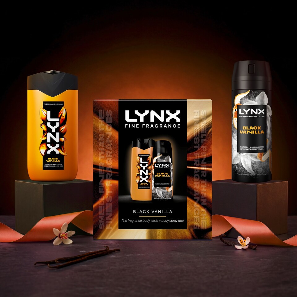 image 1 of Lynx Fine Fragrance Black Vanilla Bodyspray & Bodywash Gift Set