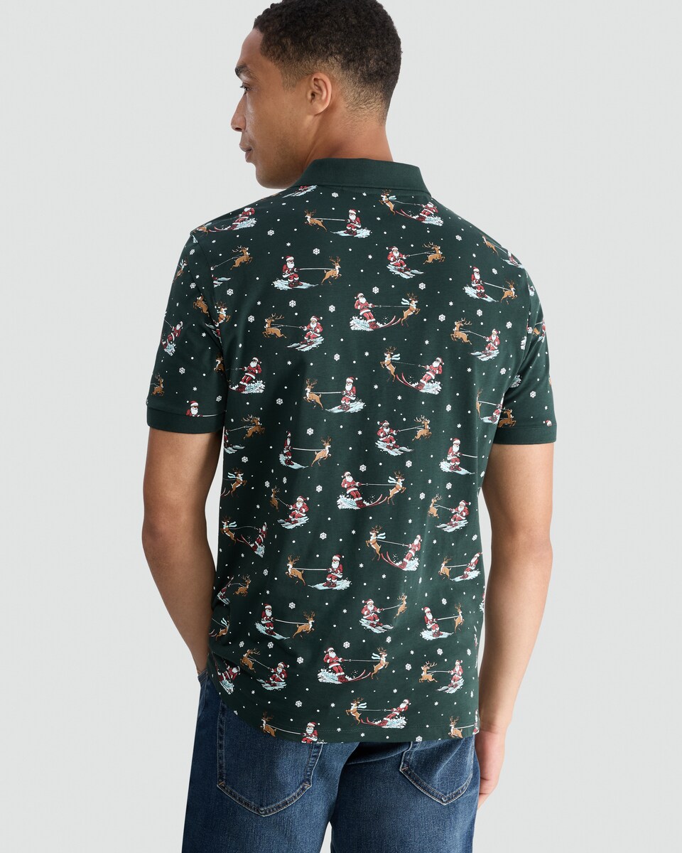 image 1 of F&F Pure Cotton Santa and Sleigh Print Polo Shirt in Green