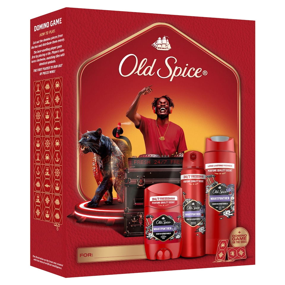 Obrázek 1 pro produkt Old Spice DJ Dárková Sada S Deodorantem Ve Spreji, Tuhým Deodorantem A Sprchovým Gelem Night Panther