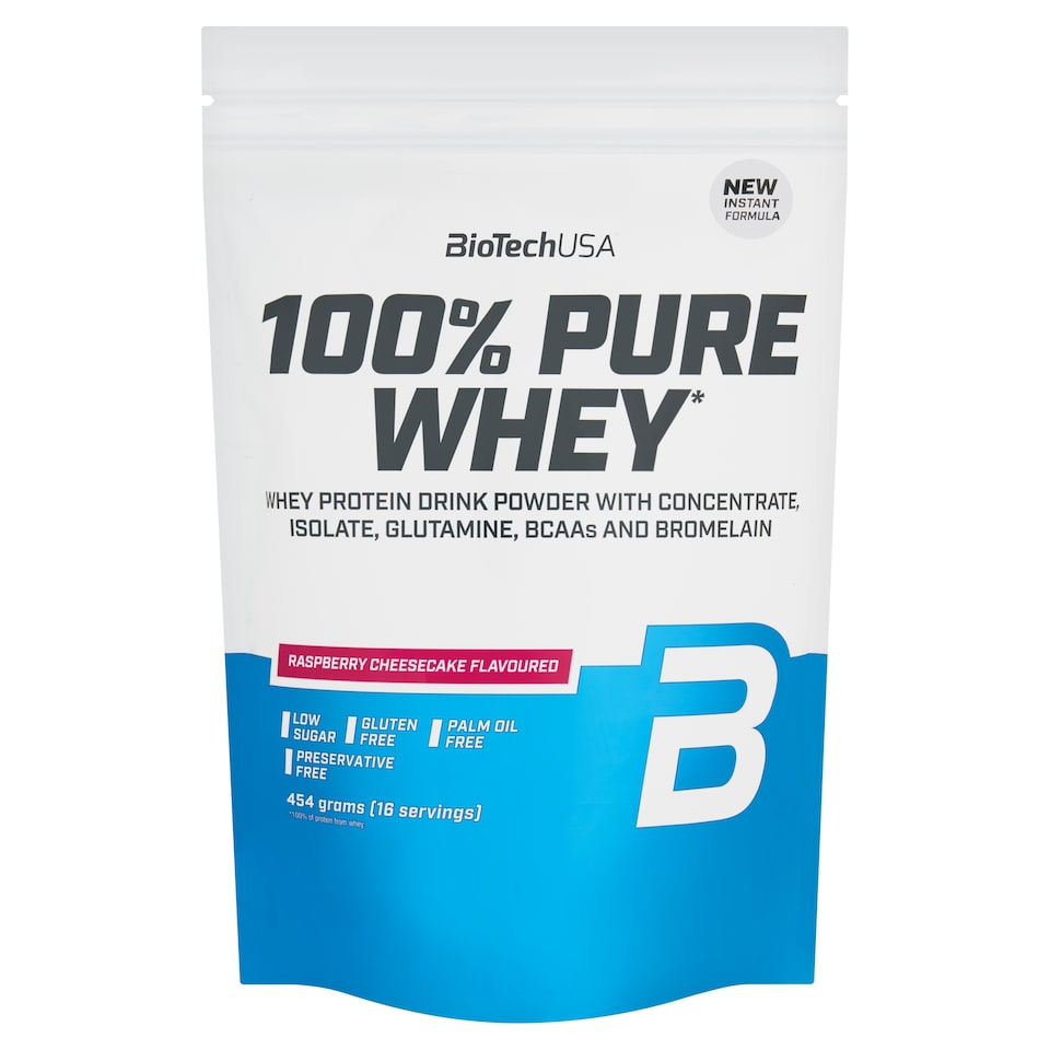 obrázok 1 z BioTechUSA 100% Pure Whey ochutený bielkovinový nápojový prášok malinovo-tvarohový koláč 454 g