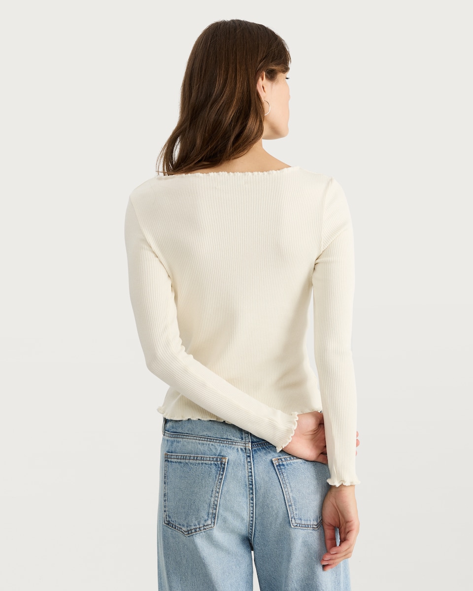 image 1 of F&F Ribbed Frill Detail Long Sleeved Top with Cotton in Cream