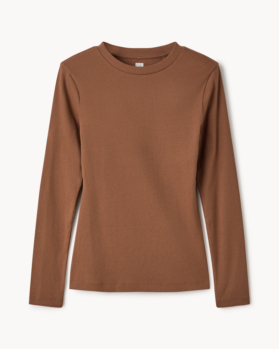 image 1 of F&F Cotton Rich Ribbed Long Sleeved Top in Brown