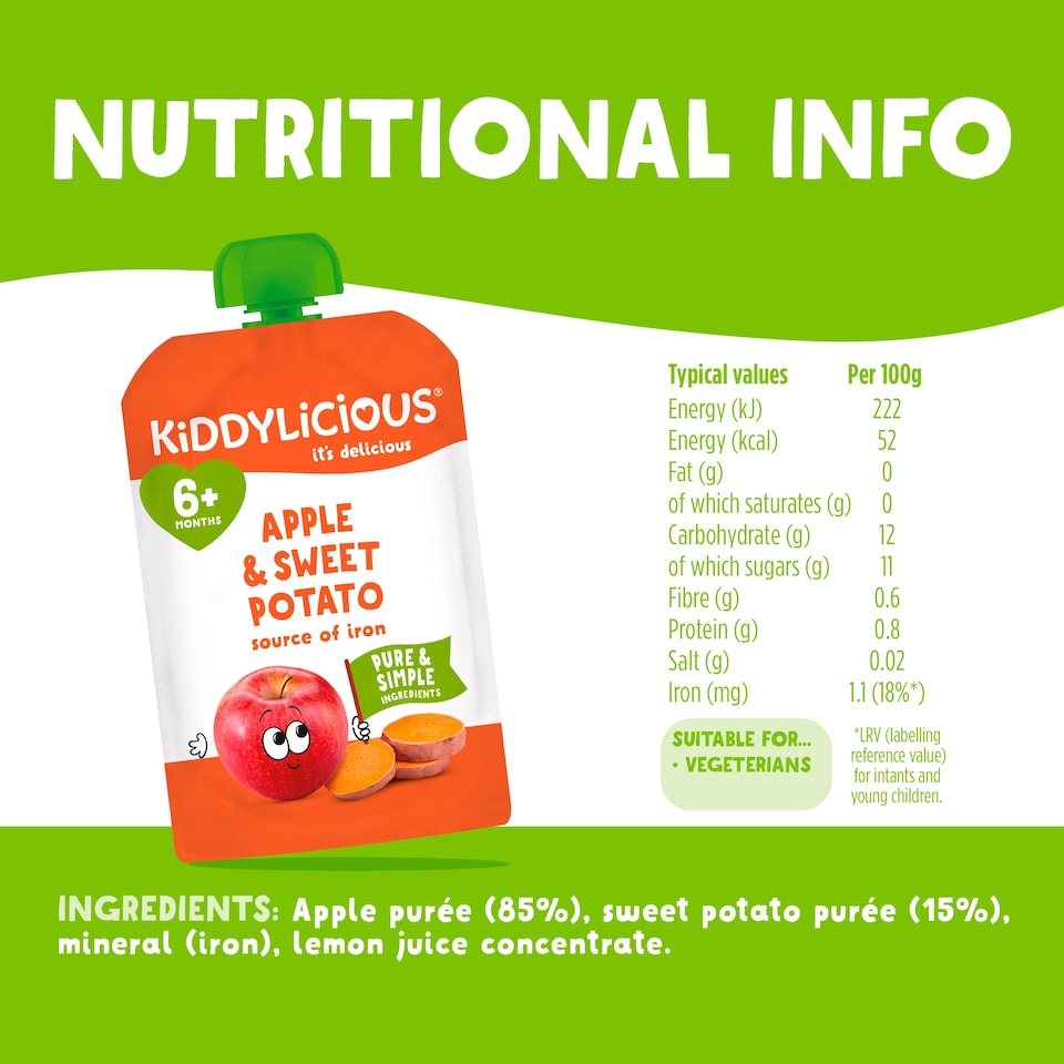 image 1 of Kiddylicious Pouches Apple & Sweet Potato 6m+ 100g