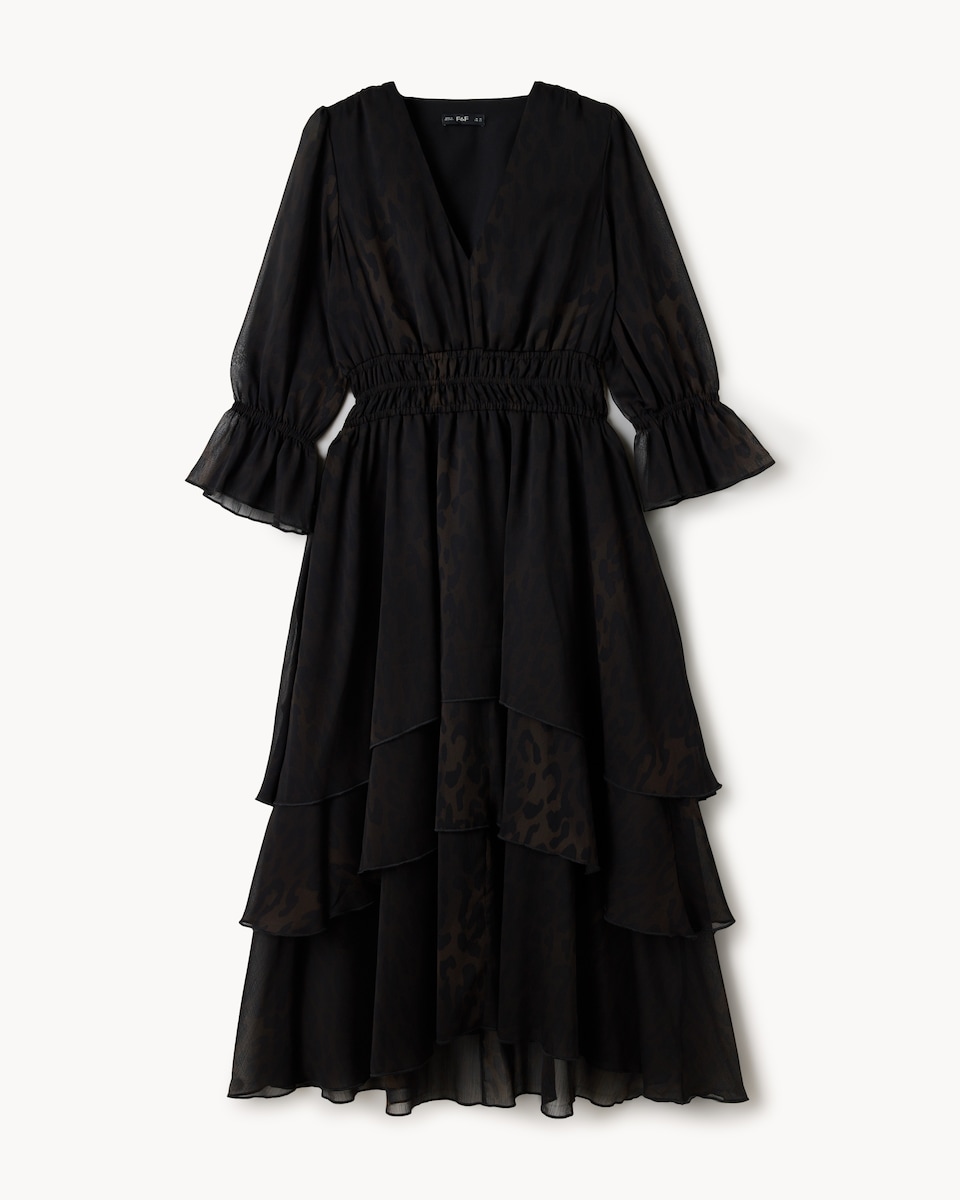 image 1 of F&F Chiffon Printed Tiered Midi Dress in Multi Brown