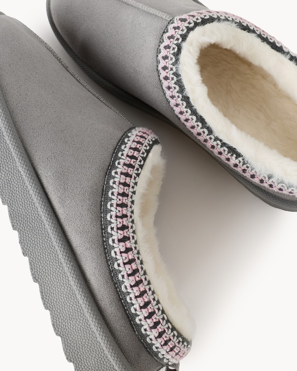 image 1 of F&F Faux Fur Lined Embroidered Mule Slippers in Grey
