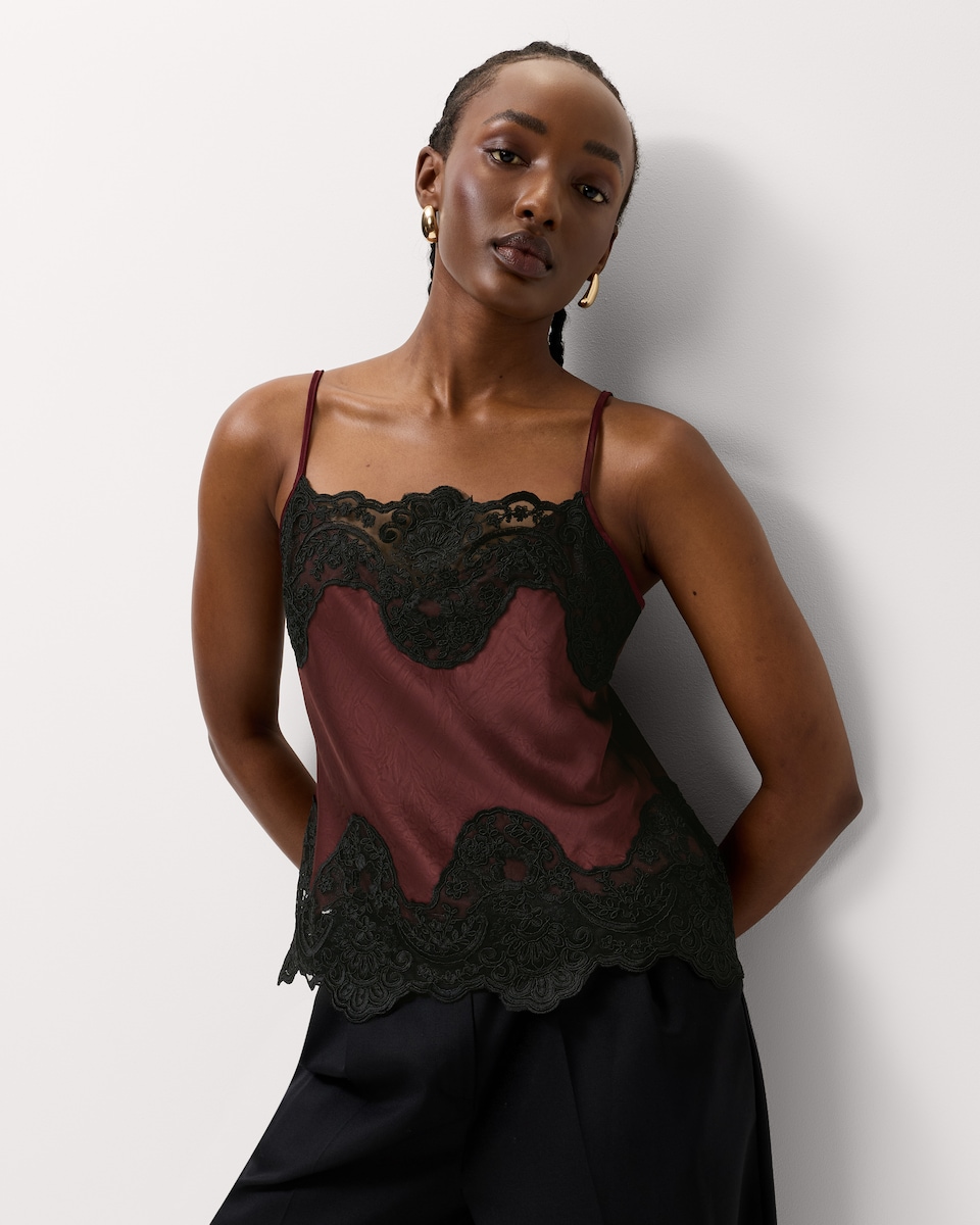 image 1 of F&F Satin Lace Trim Cami Vest in Burgundy