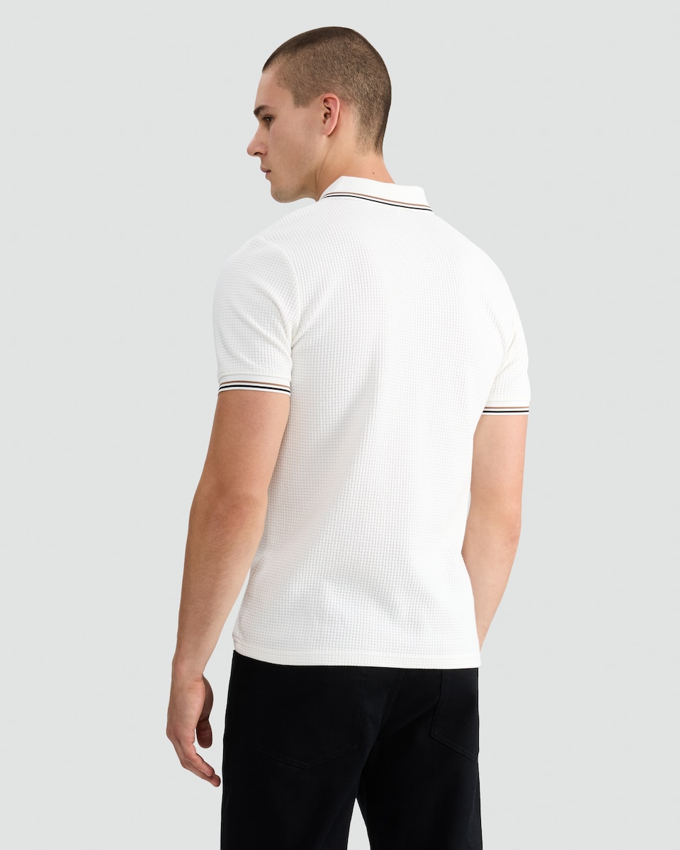 image 1 of F&F Cotton Blend Waffle Textured Polo Shirt in Cream
