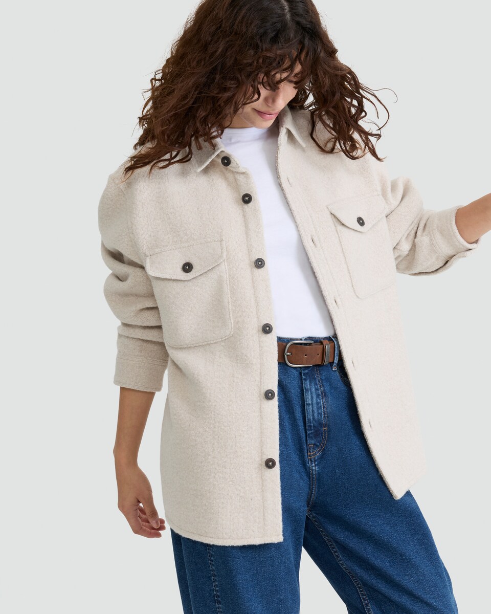 image 1 of F&F Boucle Textured Button Up Shacket with Wool in Cream