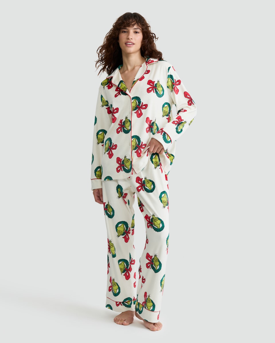 image 1 of The Grinch Wreath Print Shirt and Trousers Pyjamas in Stone