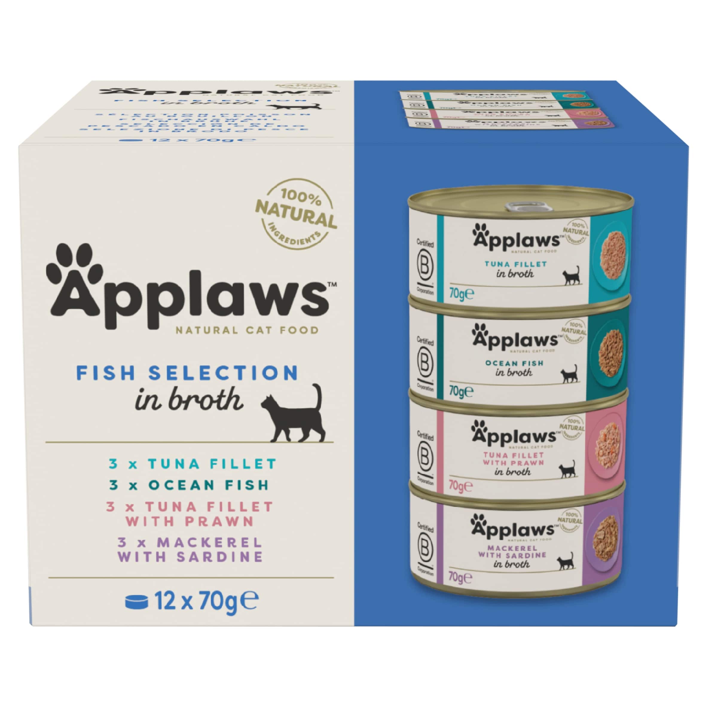 Applaws Natural Wet Cat Food Fish Selection in Broth Tins 12 x 70g