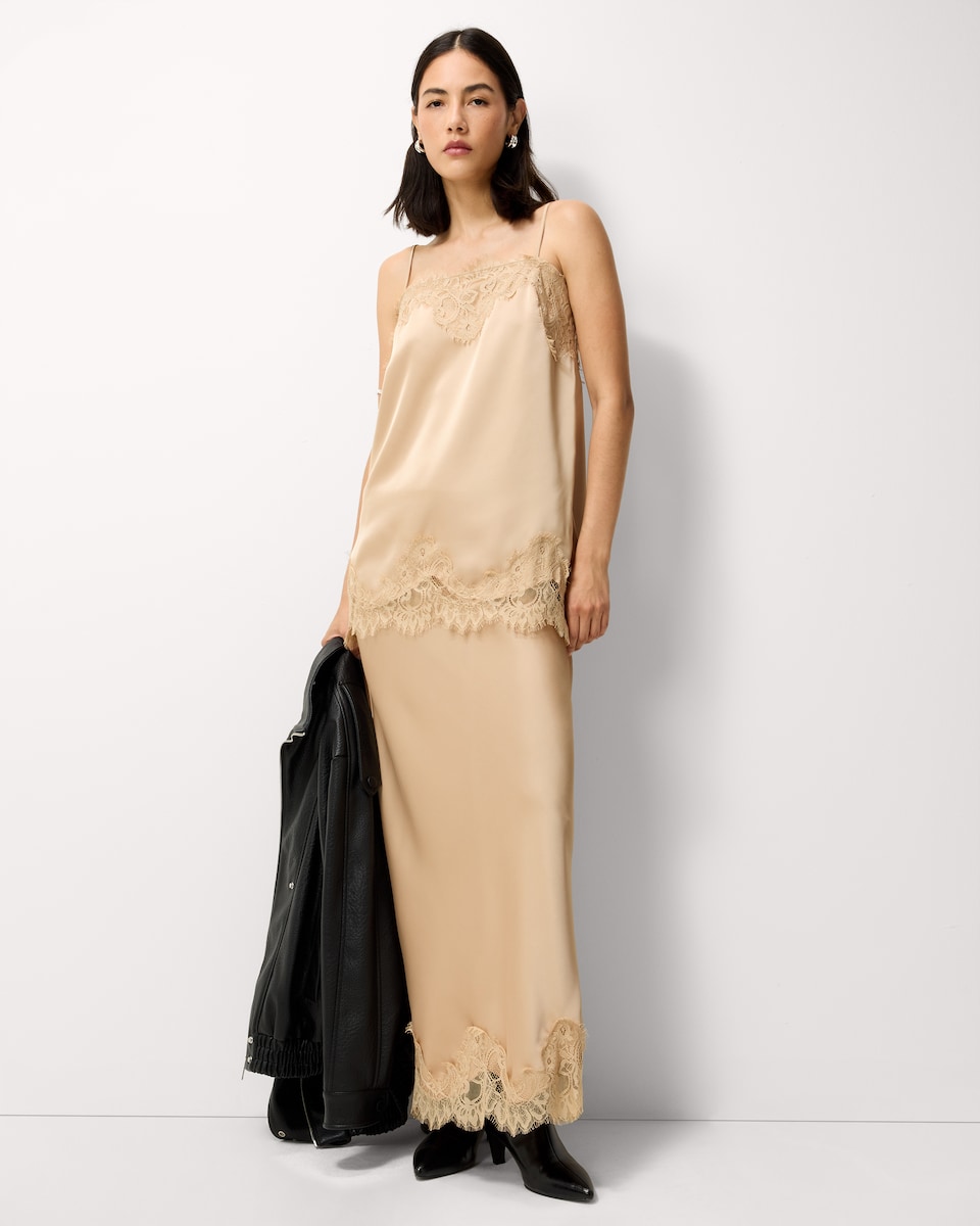 image 1 of The F&F Edit Satin Lace Trim Co-ord Midi Skirt in Camel