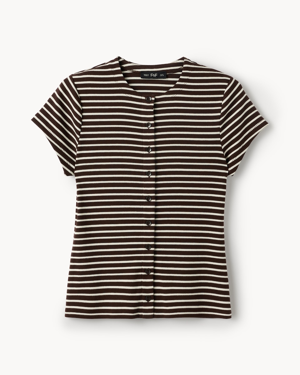 image 1 of F&F Cotton Rich Striped Button Front Top in Multi Brown
