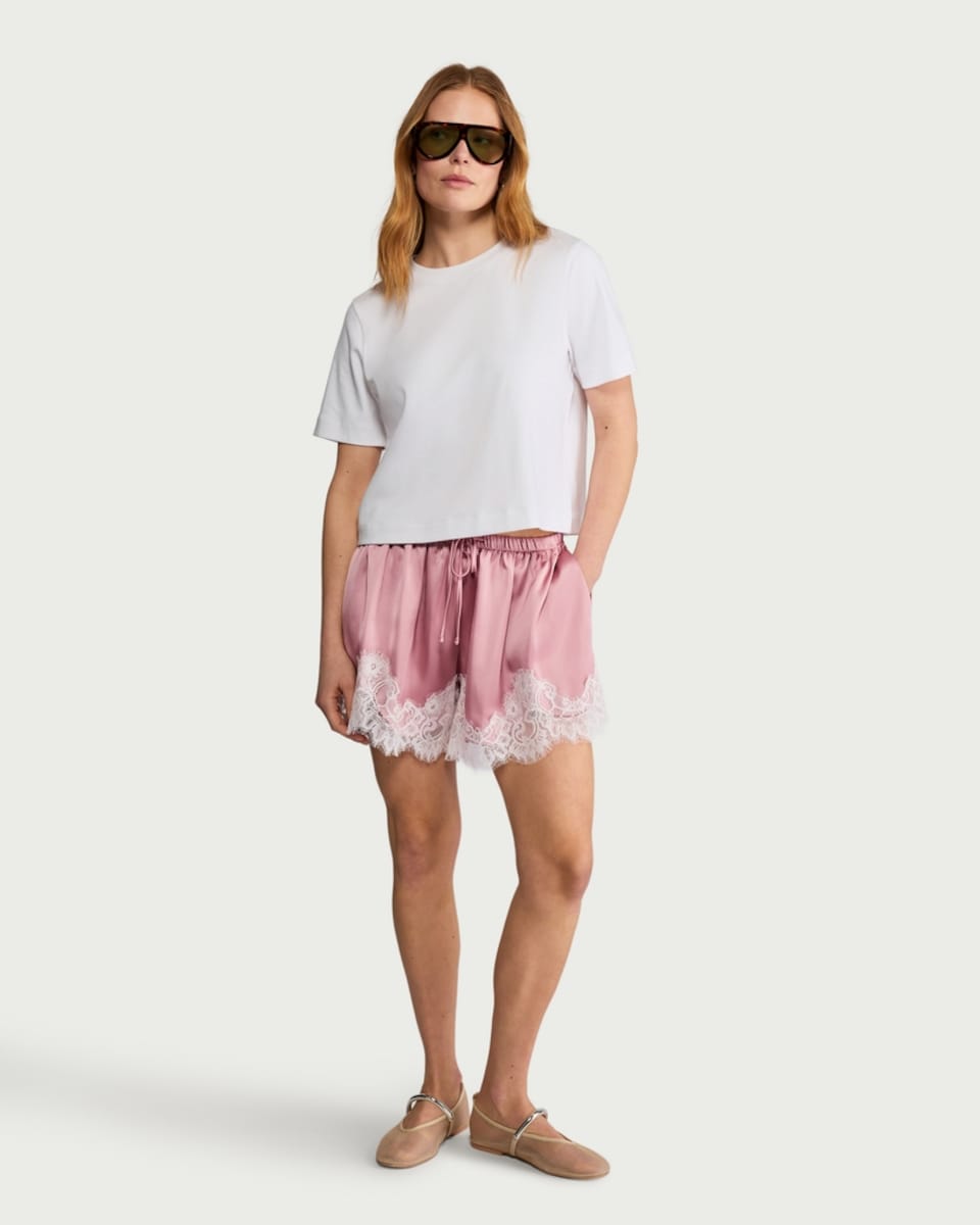 image 1 of F&F Satin Lace Trim Drawstring Shorts in Pink