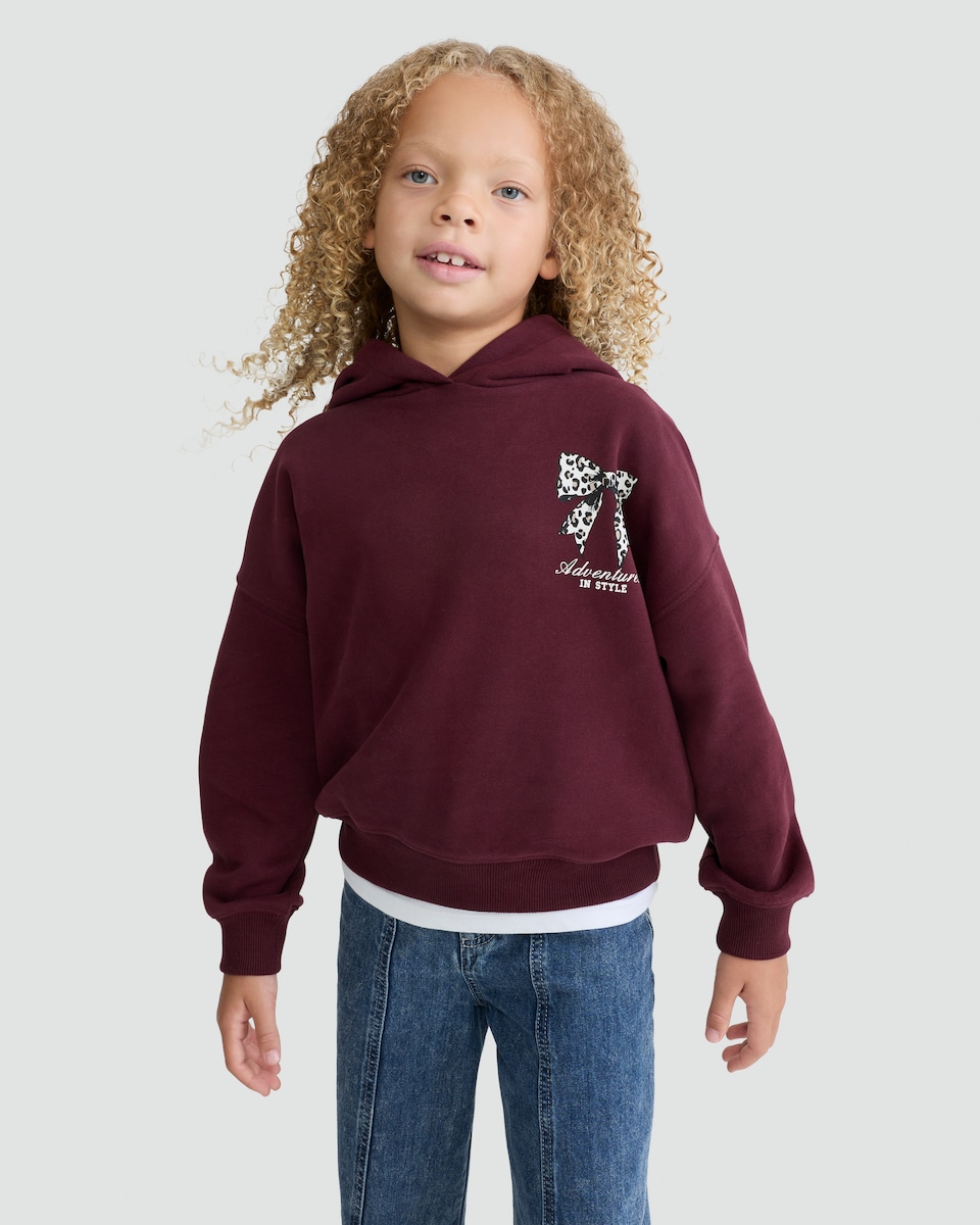 image 1 of F&F Girls Cotton Rich Adventures in Style Slogan Hoodie in Burgundy
