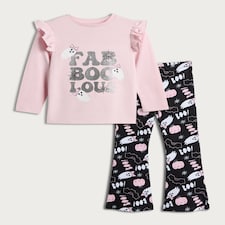 F&F Girls 2-Piece Pure Cotton Fabulous Ghost Print Top and Legging Set in Multi Pink