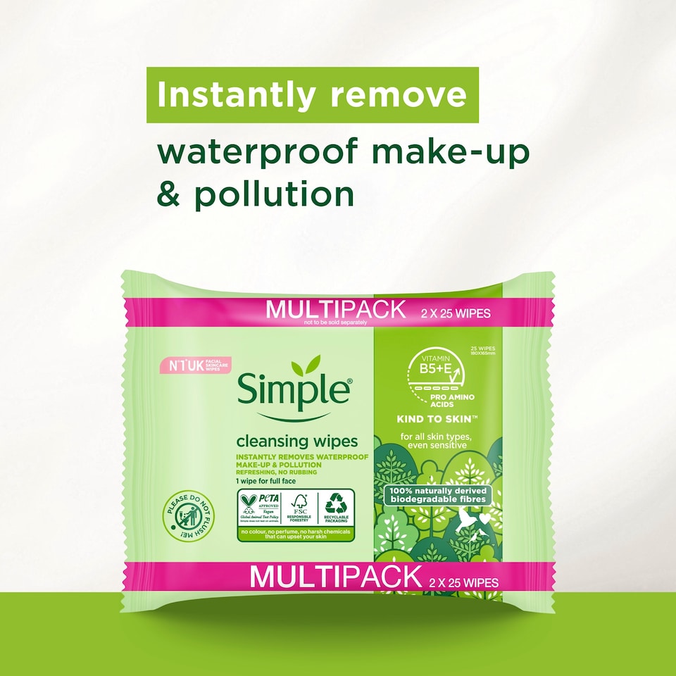 image 1 of Simple Cleansing Biodegradable Wipes 2X25 Pack