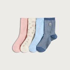 F&F 4-Pack Cotton Blend Floral and Stripe Print Ankle Socks in Blue