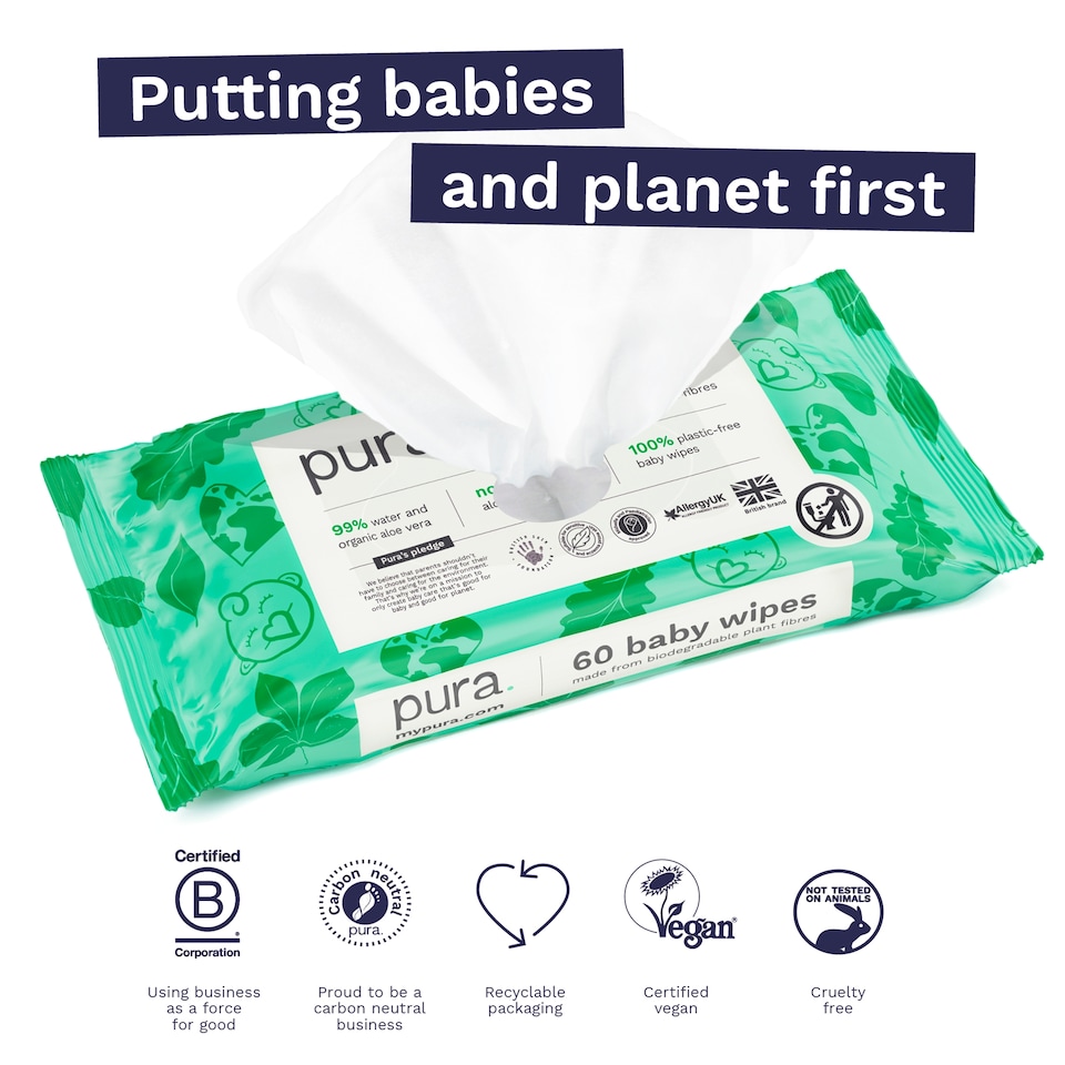 image 1 of Pura Plastic Free Baby Wipes 60pk
