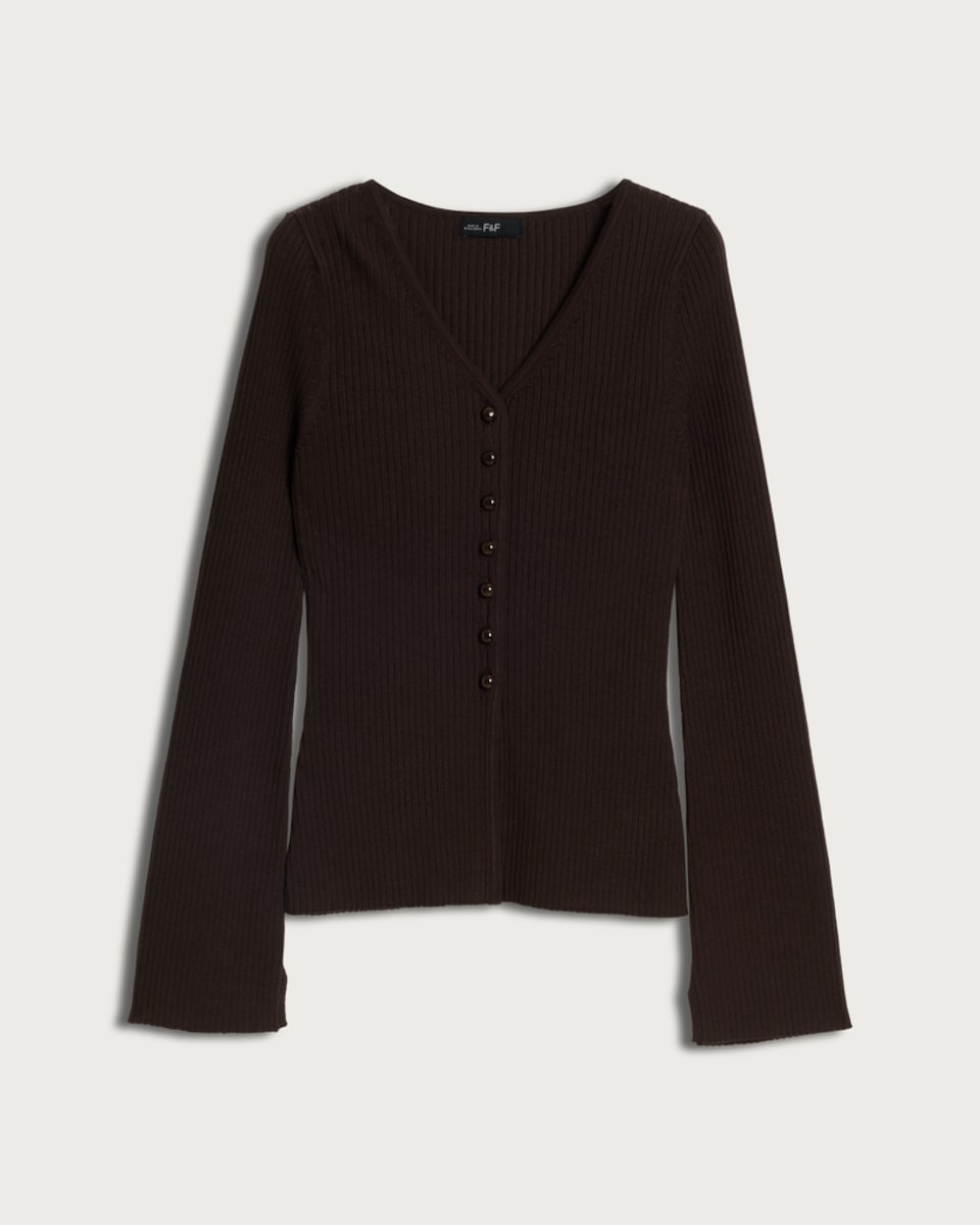 image 1 of F&F Knitted Ribbed Button Front Cardigan in Chocolate
