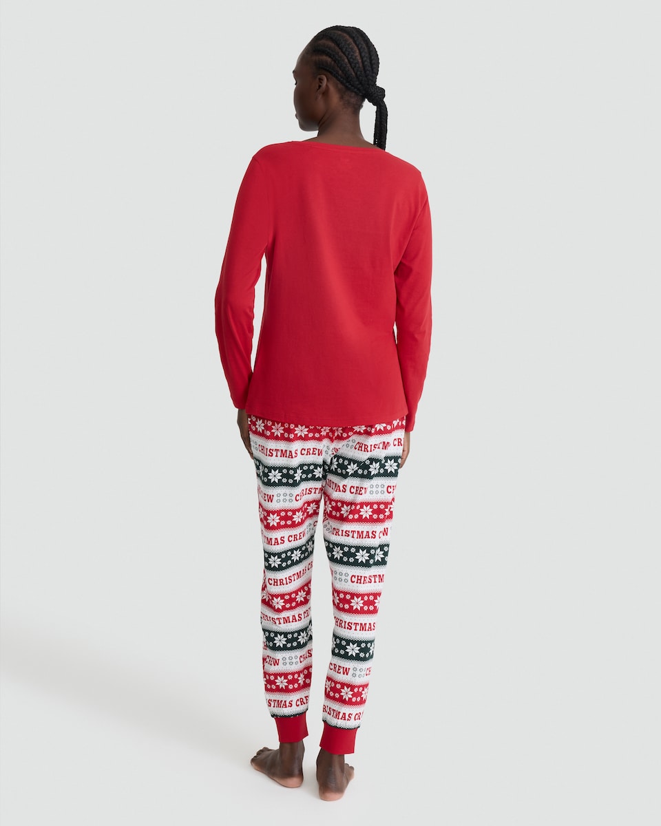 image 1 of F&F Pure Cotton Christmas Crew Top and Joggers Pyjamas in Red
