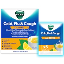 Vicks Cold, Flu & Cough All-in-One Menthol Lemon Flavour 5 sachets