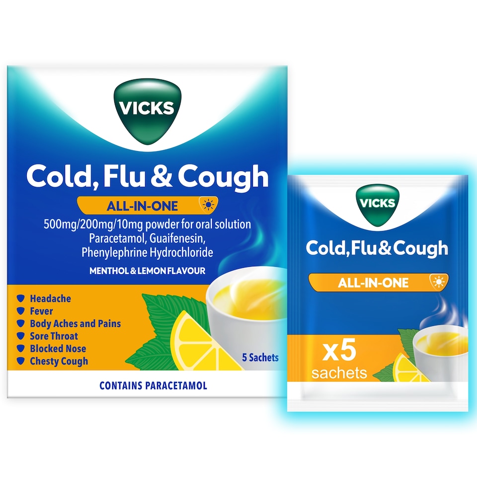 Vicks Cold, Flu & Cough All-in-One Menthol Lemon Flavour 5 sachets