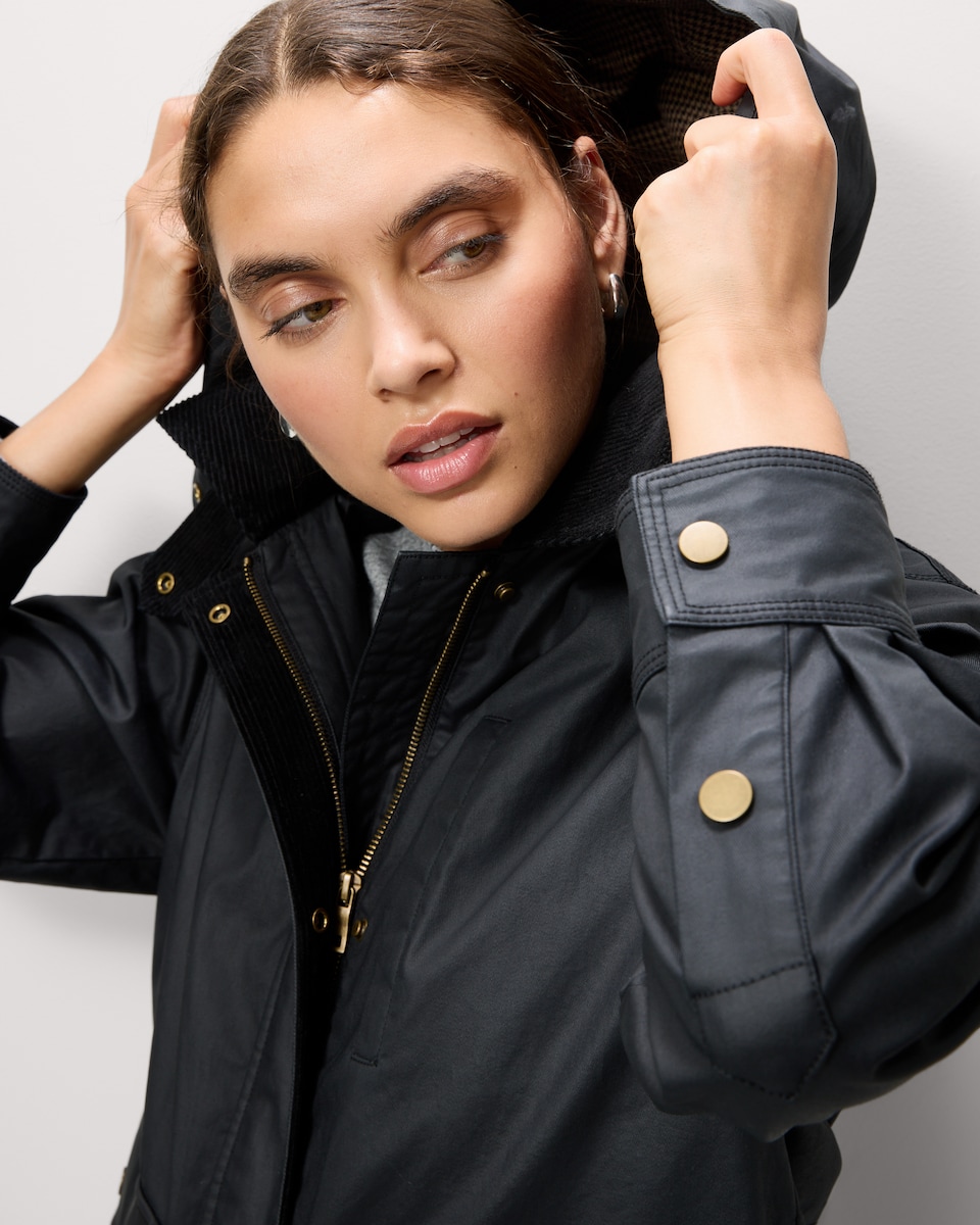 image 1 of F&F Pure Cotton Waxed Hooded Trench Coat in Black