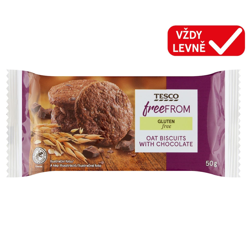 Tesco Free From Ovesné sušenky s hořkou čokoládou bez lepku 50g
