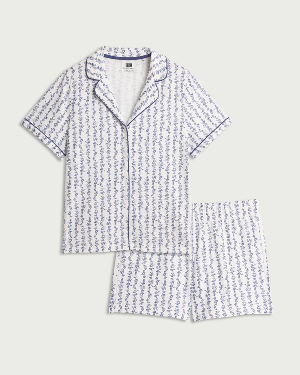 image 1 of F&F Pure Cotton Floral Print Revere Short Pyjama Set in Multi Blue