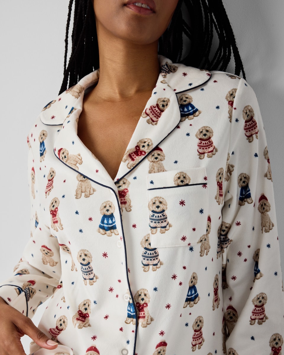 image 1 of Christmas Fleece Dog Revere Pyjama Set in Multi White