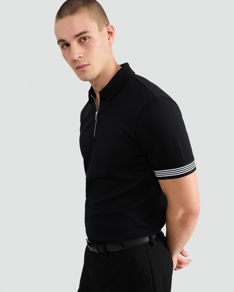 image 1 of The F&F Edit Textured Zip Neck Polo Shirt in Black