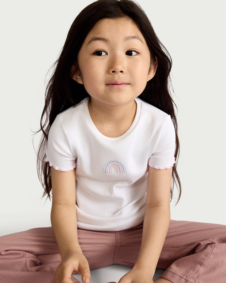 image 1 of F&F Girls Cotton Rich Rainbow Embroidered T-Shirt in Cream