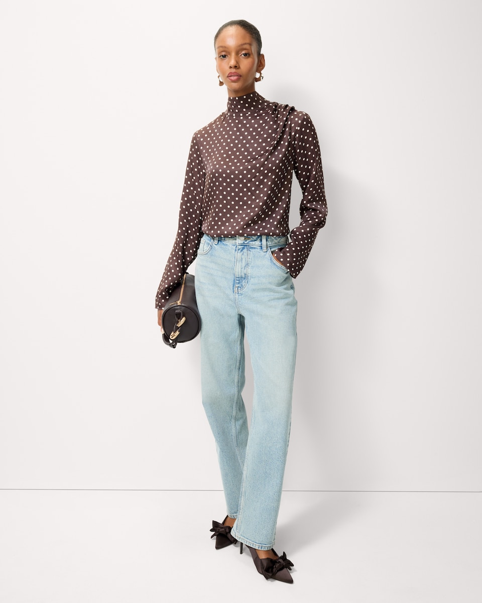 image 1 of F&F Satin Polka Dot Blouse in Multi Brown