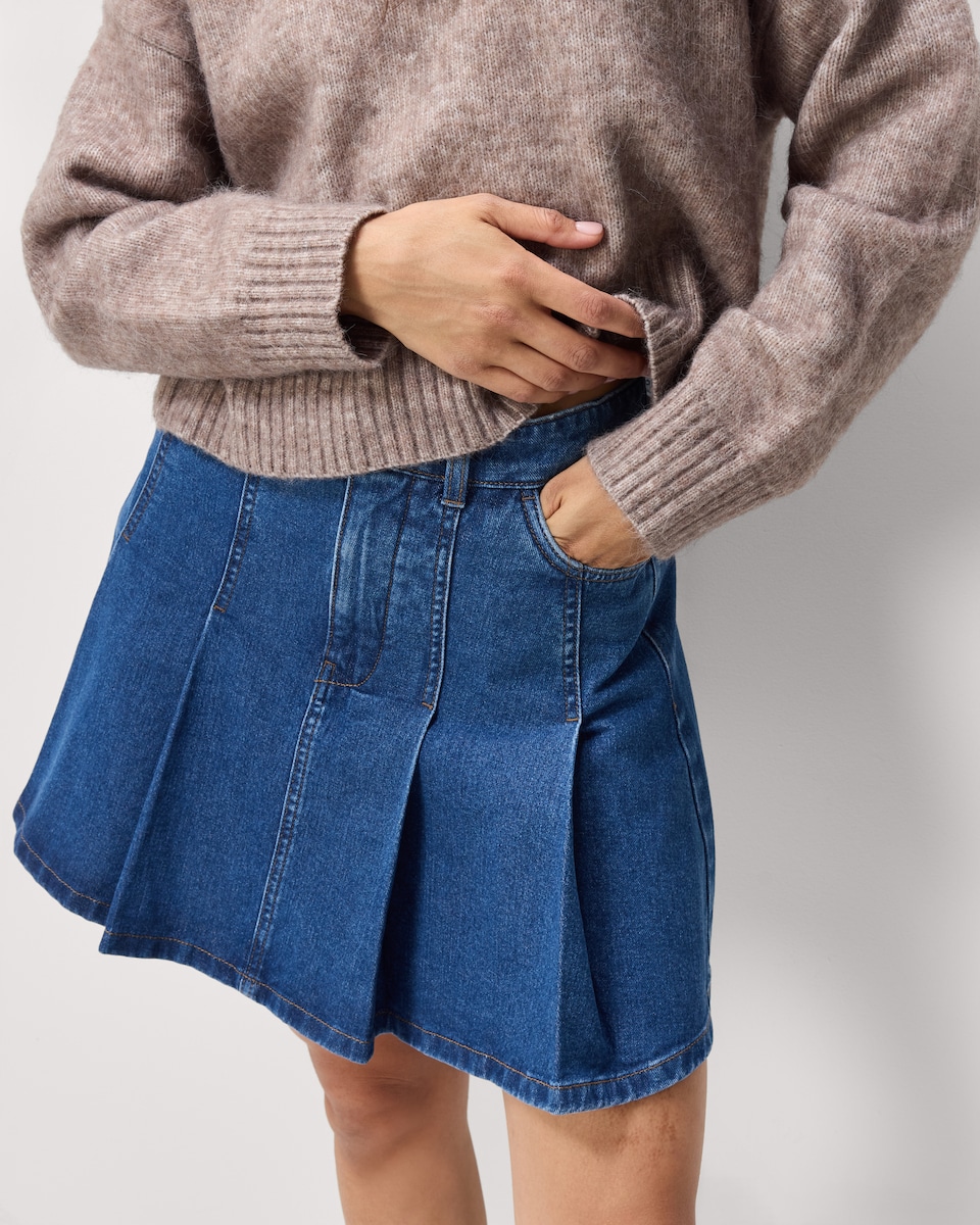 image 1 of F&F Pure Cotton Pleated Denim Mini Skirt in Blue
