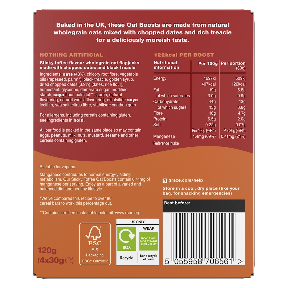 image 1 of Graze Sticky Toffee Oat Boosts Flapjack Snack 4x30G