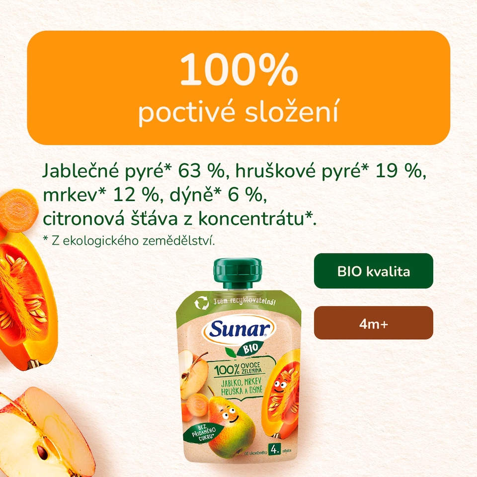 Obrázek 1 pro produkt Sunar BIO ovocno-zeleninová kapsička Jablko, hruška, mrkev, dýně 4m+, 100g 