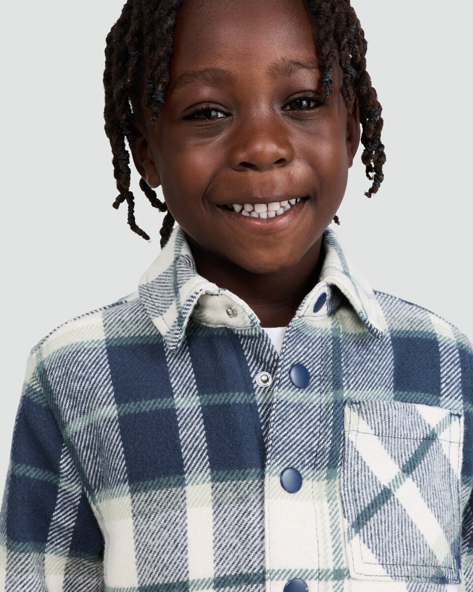 image 1 of F&F Boys Pure Cotton Check Print Popper Front Shacket in Blue