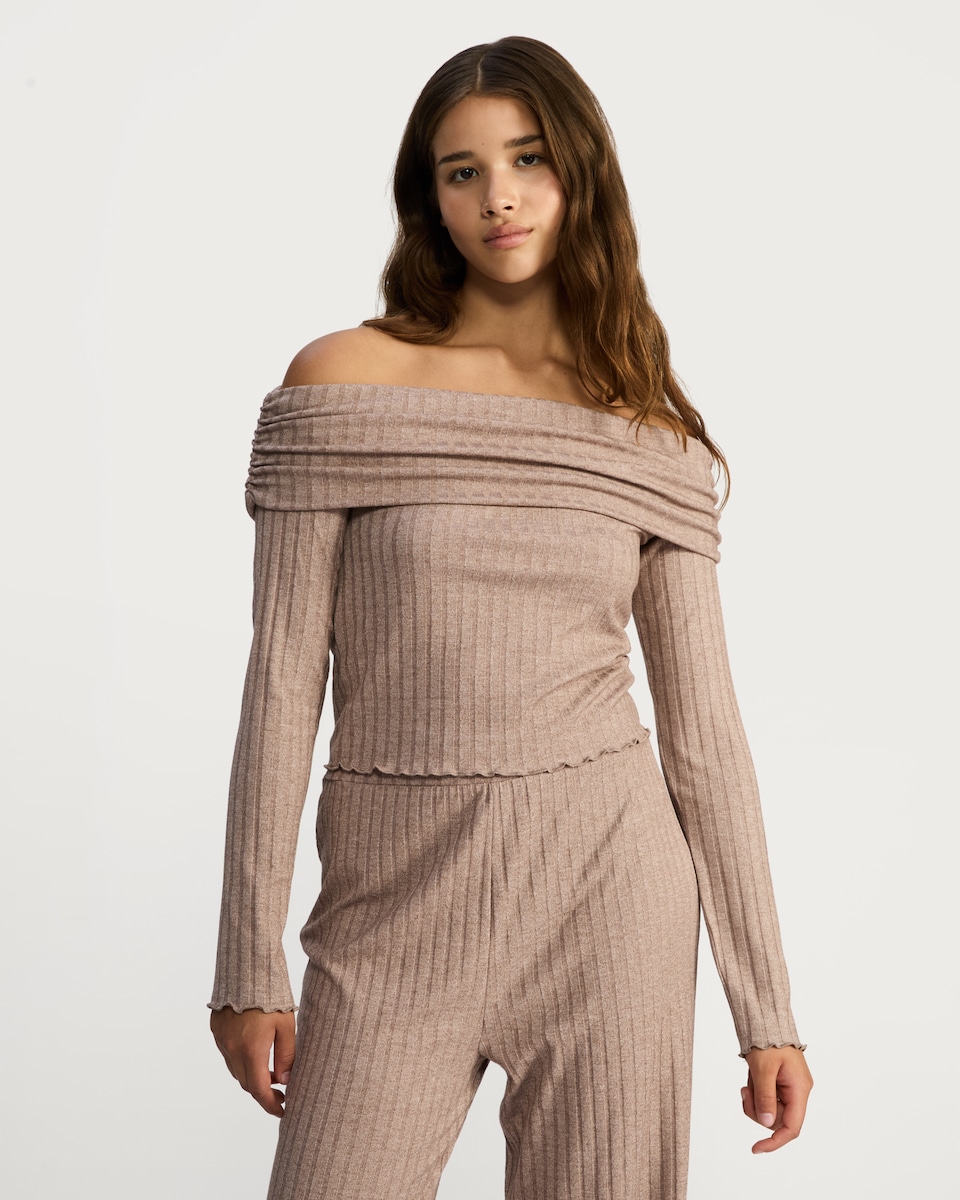 image 1 of OH ME OH MY Off Shoulder Ribbed Co-ord Top in Neutral
