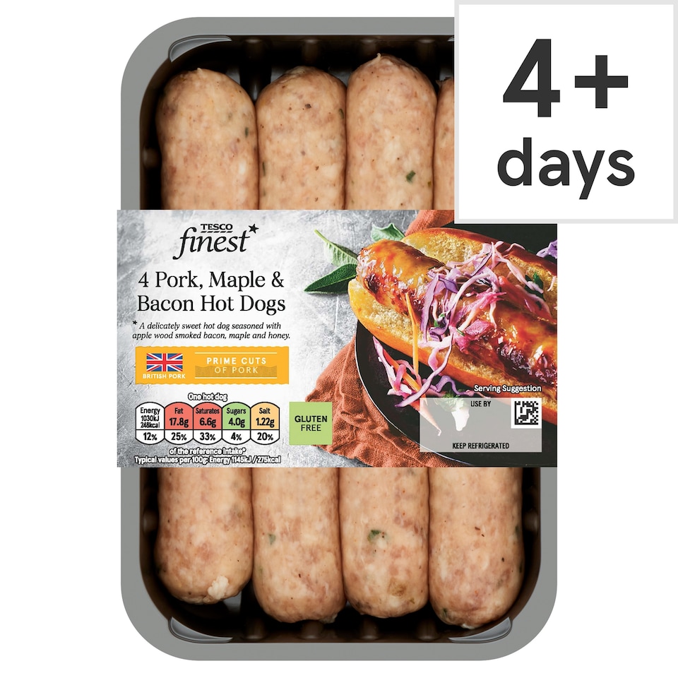 Tesco Finest 4 Pork Maple & Bacon Hot Dogs 400G