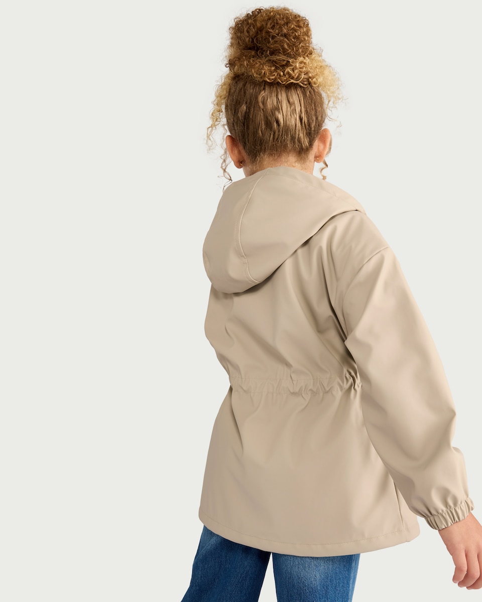 image 1 of F&F Girls Cinched Waist Hooded Raincoat in Neutral