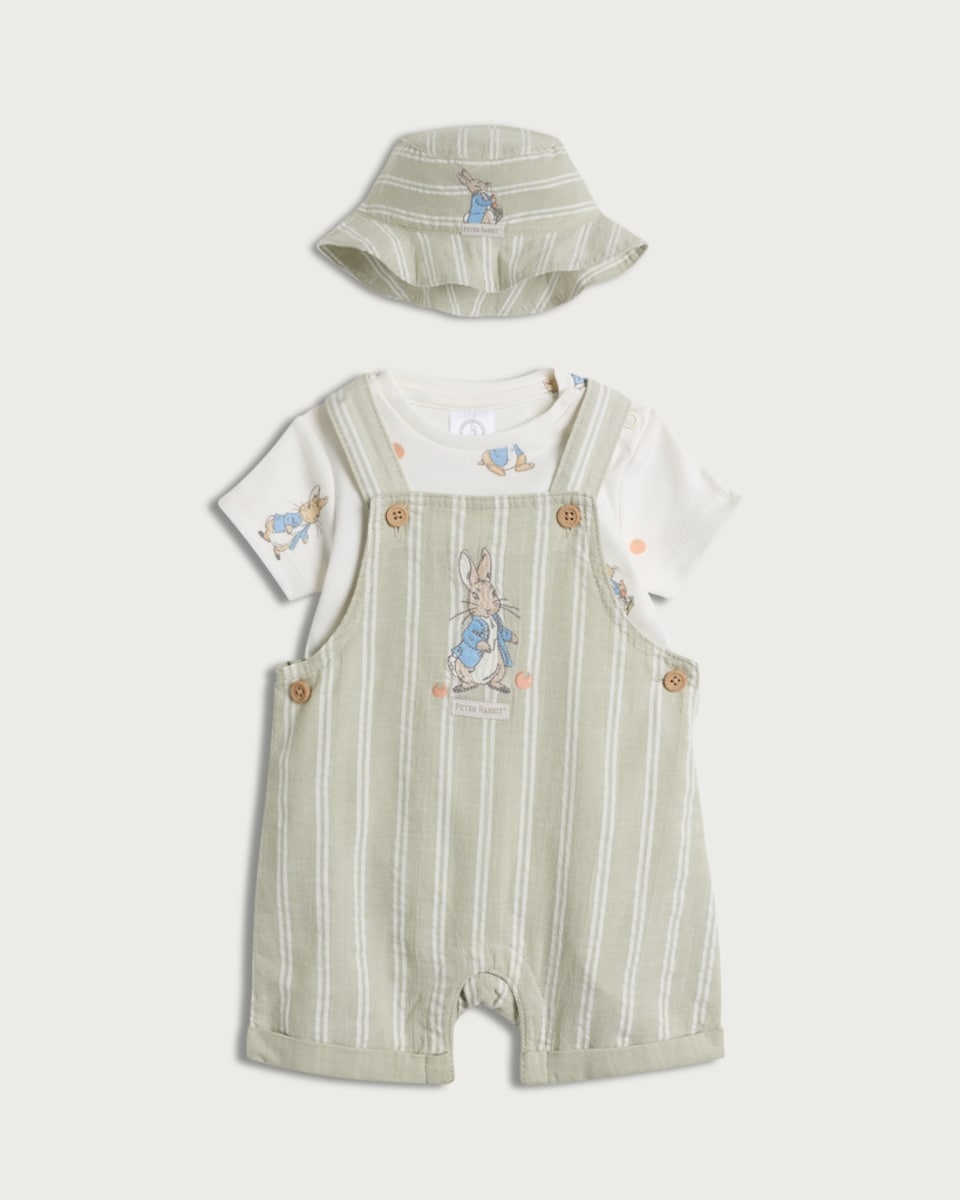 Peter Rabbit 3-Piece Pure Cotton Dungarees, Bodysuit and Hat in Green