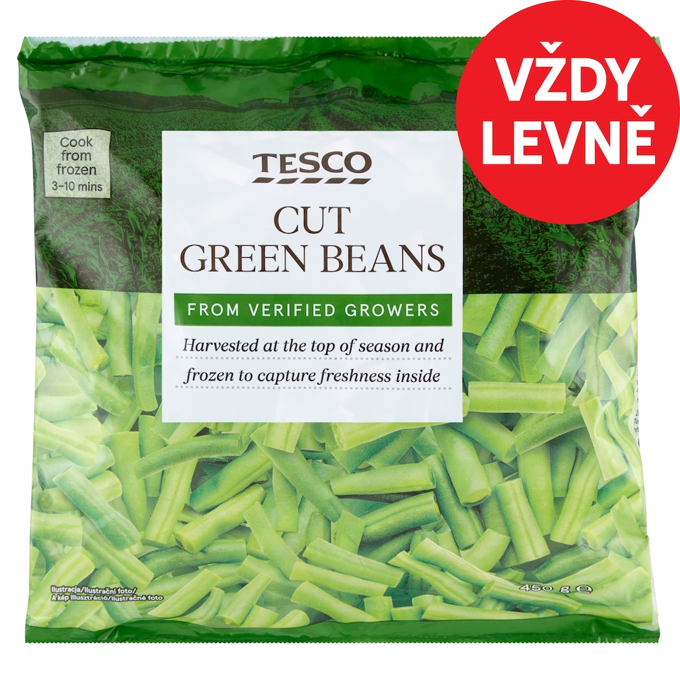 Tesco Zelené fazolové lusky krájené 450g