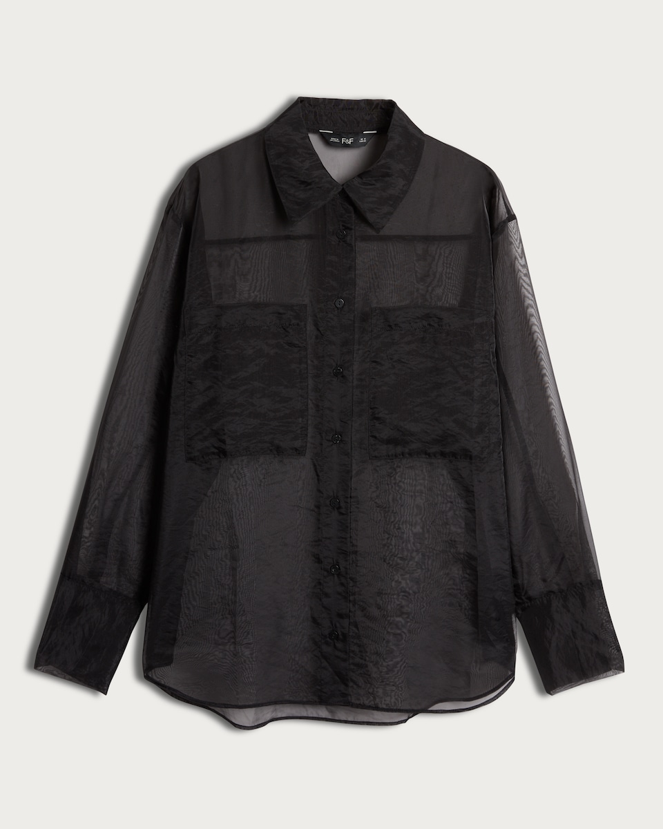 image 1 of F&F Organza Button Up Long Sleeved Shirt in Black