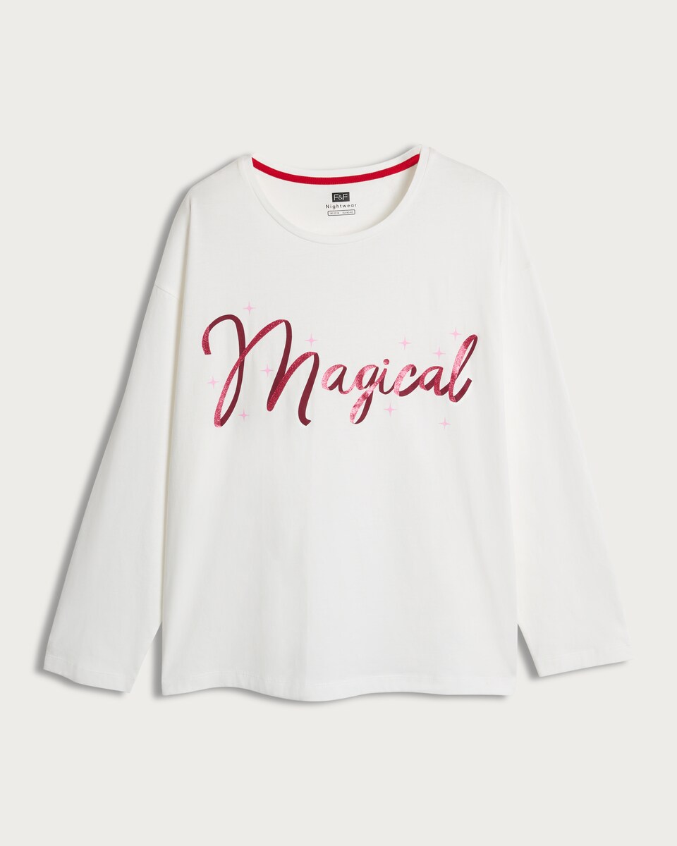 image 1 of F&F Pure Cotton Magical Slogan Pyjama Top in White