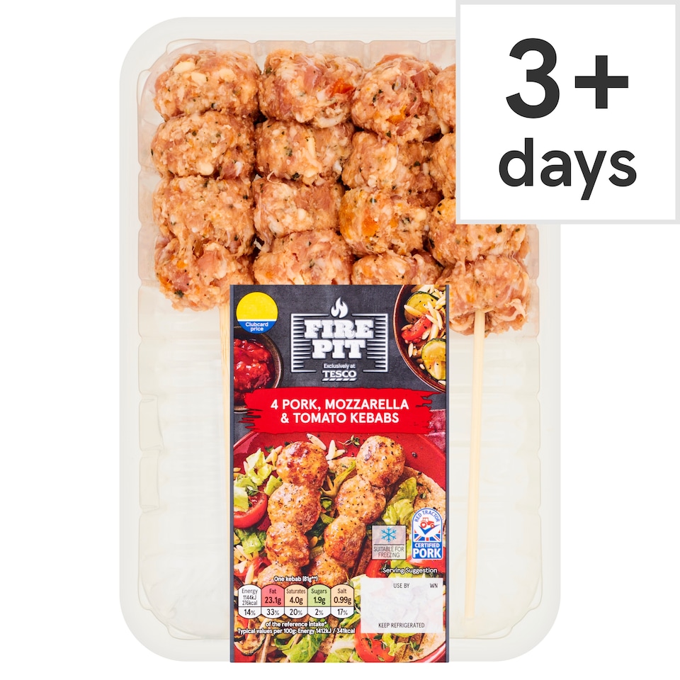 Tesco Fire Pit 4 Pork, Mozzarella & Tomato Kebabs 400G
