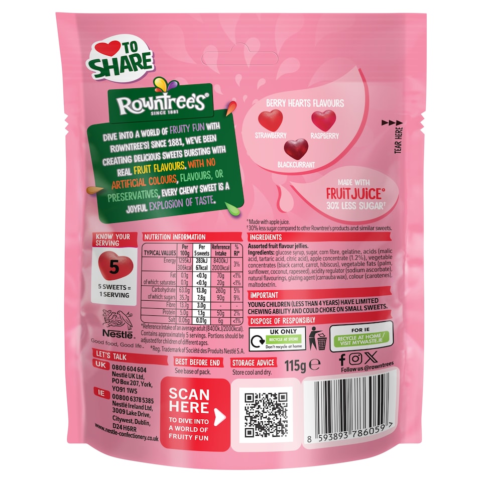 image 1 of Rowntree's Berry Hearts Sweets Sharing Bag 115g