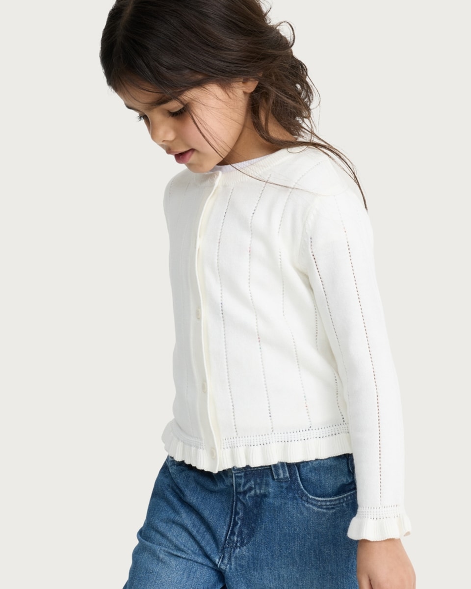image 1 of F&F Girls Pure Cotton Frill Trim Cardigan in White